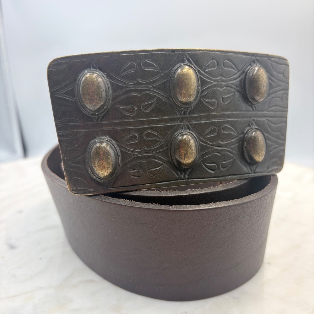 Belt Shak Leather Belt Women M Brown Brass Studded Embossed Western Boho Wide